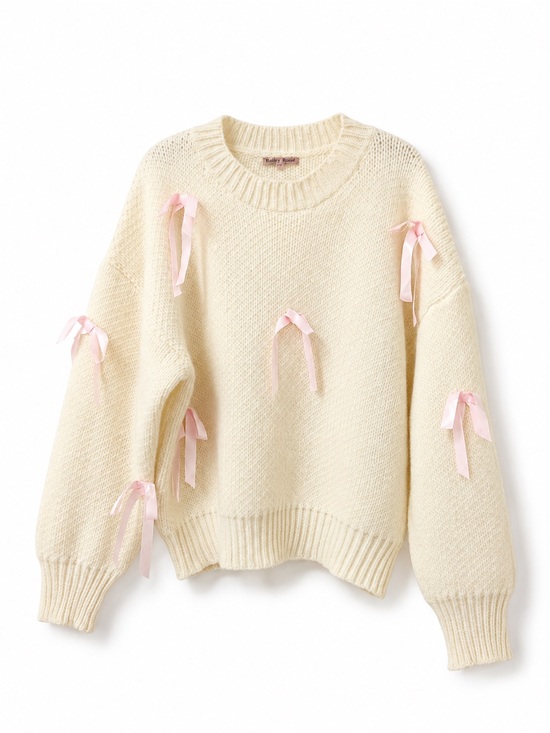 Bailey Rose Sweaters - Cream Crewneck Sweater with Pink Ribbon Bows